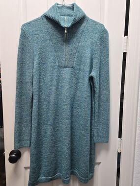 Talbots Teal Cowl Neck Tunic Sweater Dress with Half-Zip